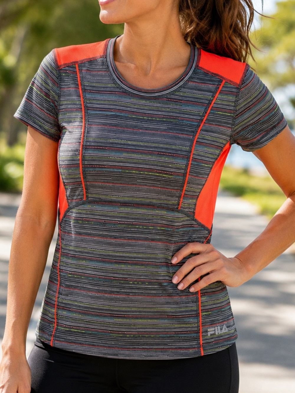 Fila Sport Running Top Women’s Large Neon Orange Gray Striped Athletic Tee